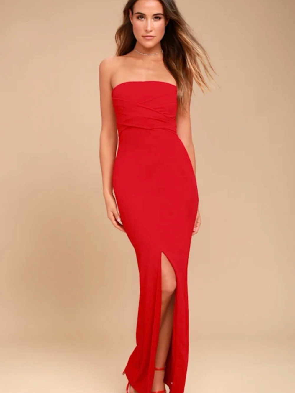Lulu's Strapless Red Gown with Front Slit Sz Medium NWT